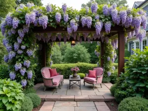 Vine-Covered Pergola - Romantic patio pergola covered in wisteria and climbing hydrangea creating overhead privacy, vintage furniture, lantern lighting