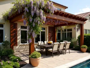 Wooden Pergola Privacy Wall - A Mediterranean-style patio with a wooden pergola featuring privacy lattice panels, climbing wisteria, and comfortable outdoor dining set