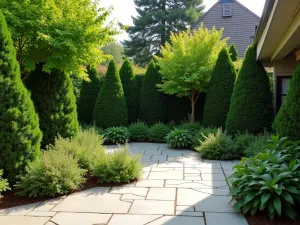 Woodland Privacy Border - Natural patio screening using mixed evergreen trees and shade-loving shrubs, creating a woodland garden feel