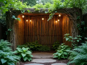 Woodland Privacy Screen - Natural branch screen interwoven with fairy lights, surrounded by shade-loving ferns, hostas, and climbing hydrangea for a forest-like retreat