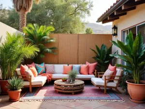 Woven Reed Privacy Panels - A bohemian-style patio featuring natural woven reed privacy panels, potted palm trees, and colorful Moroccan-inspired outdoor cushions