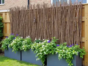 Woven Willow Screen - DIY woven willow branch privacy screen with integrated planter boxes featuring climbing clematis and sweet peas