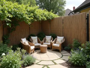 Woven Willow Screen - Natural woven willow privacy screens surrounding a rustic patio, with climbing jasmine and cottage garden plantings