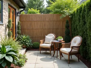 Woven Willow Screens - Natural woven willow screens creating an organic privacy barrier, paired with cottage garden plantings and vintage-style patio furniture