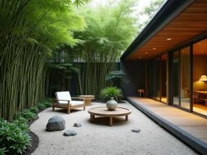 Zen Bamboo Grove - A peaceful patio enclosed by dense bamboo plantings, featuring Japanese-inspired design elements, gravel gardens, and minimalist furniture