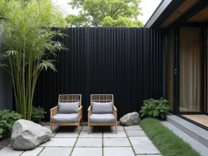 Zen Bamboo Grove - Japanese-inspired privacy screen using black bamboo in modern concrete planters, with carefully placed rocks and minimal furniture creating a meditation space