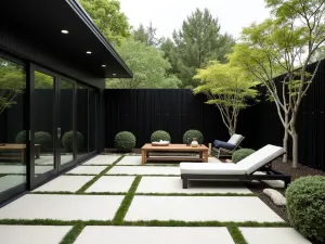 Zen Garden Privacy - Japanese-inspired patio with black bamboo screening, cloud-pruned trees, and minimal rock garden elements