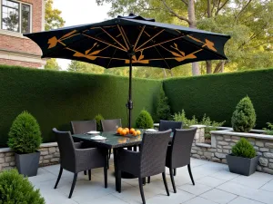 Art Deco Umbrella Terrace - Sophisticated patio with a black and gold geometric pattern umbrella, glass-topped furniture, and art deco design elements. Structured boxwood provides greenery