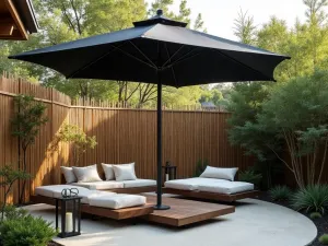 Asian Inspired Umbrella Garden - Zen-like patio space with a black paper parasol-style umbrella, bamboo privacy screens, and minimalist furniture. Japanese maple and bamboo create atmosphere