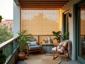 Bamboo Reed Screen - Natural bamboo reed rolling screen mounted on a balcony railing, providing filtered shade for a bohemian-style apartment patio setup