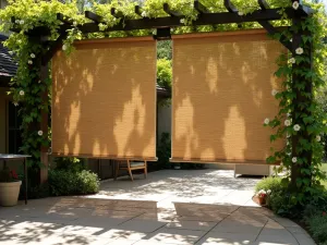 Bamboo Roll-Up Curtain - Natural bamboo roll-up curtains mounted on a pergola, casting intricate shadow patterns on a stone patio, with climbing jasmine vines adding greenery