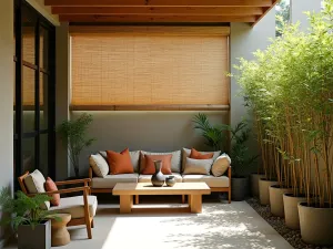 Bamboo Roll-Up Shade - Zen-inspired small patio with bamboo roll-up shades, featuring potted bamboo plants and minimalist outdoor furniture in earth tones