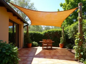 Natural Bamboo Shade Sail Installation - A triangular bamboo shade sail suspended over a cozy patio space, casting dappled shadows on the terracotta tiles below. The sail is anchored to the house and two tall posts, with climbing jasmine wrapping around the support poles.