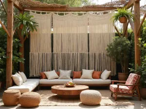 Bohemian Macramé Canopy - Large-scale macramé panels in natural cotton cord suspended between wooden posts, creating artistic dappled shade. Accented with brass details and hanging plants in woven baskets, over a collection of mixed vintage furniture and Moroccan poufs.