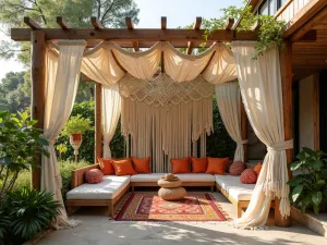 Bohemian Macramé Pergola - A natural wood pergola with hanging macramé panels and billowing fabric, creating a bohemian atmosphere with colorful cushions and hanging plants