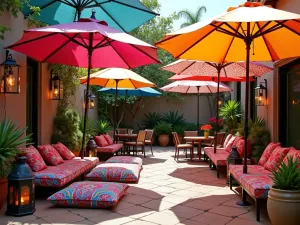 Bohemian Multi-Umbrella Oasis - Eclectic patio featuring multiple colorful market umbrellas in various patterns. Moroccan lanterns, floor cushions, and potted succulents create a bohemian atmosphere