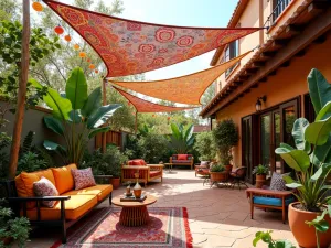 Bohemian Shade Retreat - Colorful patterned shade sails over bohemian-style patio with mixed textiles, hanging plants, and eclectic furniture, photorealistic