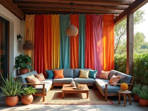 Colorful Boho Curtain Panels - Vibrant multicolored bohemian curtain panels hanging from rustic wooden beams, creating a cozy outdoor living space with potted succulents