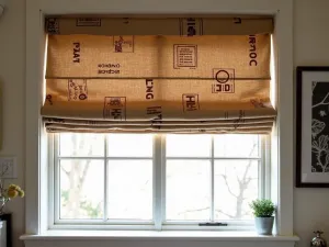 Burlap Coffee Sack Shade - Repurposed coffee sacks sewn together to create a rustic shade covering with industrial charm