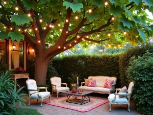 Catalpa Tree Haven - Whimsical patio space under a large catalpa tree, with heart-shaped leaves creating romantic shade patterns, vintage-inspired furniture, and string lights, evening ambiance