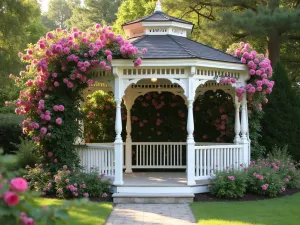 Classic White Wooden Gazebo with Roses - Elegant white wooden gazebo with ornate Victorian details, surrounded by climbing pink roses and wisteria, soft afternoon lighting