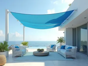 Coastal Blue Wave Sail - Beachside patio with curved blue shade sails mimicking ocean waves, white modern furniture, coastal decor elements, photorealistic