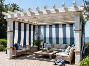 Coastal Pergola with Canvas Strips - A weathered white pergola with navy and white striped canvas panels, creating a nautical atmosphere with coastal decorations and rope details