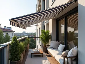 Retractable Awning Solution - A small apartment balcony with a compact retractable awning in striped navy and white, shading a comfortable reading nook with cushioned seating