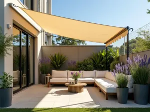 Compact Retractable Sail Shade - Modern small patio with a triangular retractable sail shade in cream color, featuring built-in bench seating and potted lavender plants, photographed in afternoon light