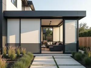 Contemporary Color Block Curtains - Modern color-blocked outdoor curtains in grey and white, creating clean lines on a contemporary patio with ornamental grasses