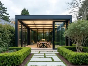 Contemporary Glass Gazebo - Modern glass and aluminum gazebo with automated solar shading panels, surrounded by structured boxwood hedges