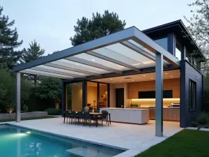 Contemporary Glass Panel Canopy - A sophisticated glass canopy with frosted and clear panels supported by brushed aluminum frames. The modern structure extends from a contemporary house facade, sheltering a minimalist patio setup with integrated LED lighting and sleek outdoor kitchen elements.