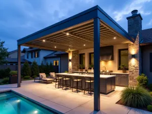 Contemporary Louvered Pergola - A sleek aluminum pergola with adjustable louvers, painted in dark grey, over a modern patio with built-in LED lighting and contemporary outdoor kitchen