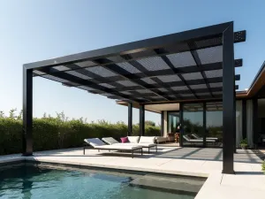 Contemporary Mesh Pergola - A sleek metal pergola with architectural mesh panels creating dynamic shadow patterns, set over a minimalist patio with linear water feature