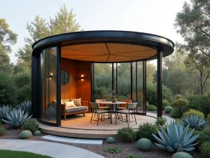 Contemporary Pod Gazebo - Circular pod-style gazebo with retractable fabric roof, sleek metal frame, surrounded by architectural succulents