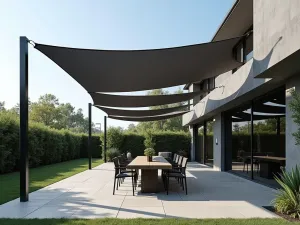 Contemporary Square Sail Design - Multiple square shade sails in charcoal grey, creating a modern checkerboard pattern above sleek outdoor dining area, photorealistic