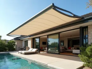 Contemporary Wave Awning - Designer wave-style retractable awning with curved edges, providing dynamic shade over a luxury modern patio space