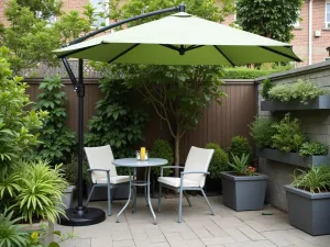 Corner Cantilever Umbrella - Space-efficient small patio with a corner-mounted cantilever umbrella in sage green, featuring a compact bistro set and vertical herb garden