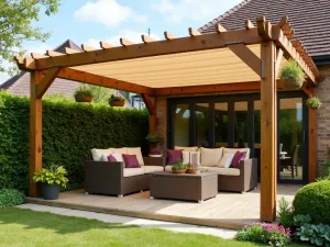 Corner Shade Structure - Space-saving corner patio with an L-shaped wooden pergola covered in canvas shade cloth, featuring hanging basket plants