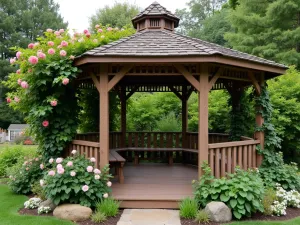 Cottage Garden Gazebo - Charming wooden gazebo with scalloped trim, climbing roses and ivy, surrounded by cottage garden perennials