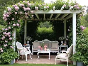 Cottage Garden Pergola - A white wooden pergola draped with climbing clematis and jasmine, creating a romantic cottage garden atmosphere with vintage furniture and scattered cushions