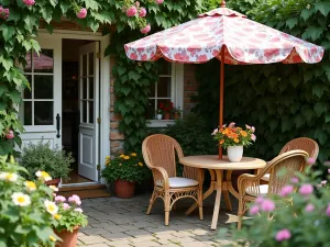 Cottage Garden Umbrella Nook - Charming cottage patio with a floral pattern market umbrella, vintage wicker furniture, and climbing vines. English cottage garden flowers surround the space