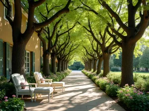 Crepe Myrtle Grove Patio - Charming patio surrounded by multiple crepe myrtle trees, creating a cathedral-like canopy of shade, with cottage-style furniture and flowering borders, morning light