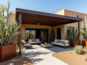 Desert Modern Louvered Roof - An adjustable louvered roof system in weathered bronze finish, providing adaptable shade over a southwestern-style patio. Surrounded by tall desert plants in cor-ten steel planters, with modern concrete furniture and a built-in firepit.