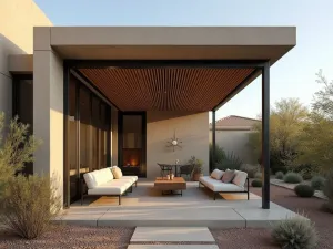 Desert Modern Pergola - A concrete and steel pergola with slatted wooden shade panels, surrounded by desert landscaping and modern outdoor furniture in earth tones