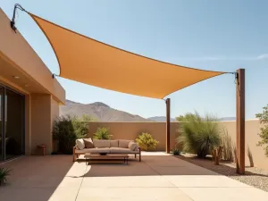 Desert Modern Shade Sail - Minimalist tension-mounted retractable shade sail in sandy tones, creating clean geometric shadows over a desert modern patio