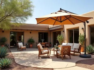 Desert Modern Umbrella Retreat - Southwestern patio with a large tan cantilever umbrella, desert-appropriate furniture, and geometric patterns. Surrounded by carefully placed cacti and agave