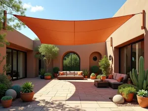 Desert Oasis Shade Sail - Desert-style patio with terra cotta colored rectangular shade sail, surrounded by potted succulents and desert plants, natural stone flooring, photorealistic