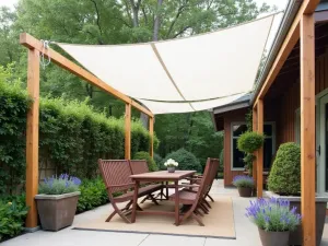 DIY Drop Cloth Canopy - A simple white canvas drop cloth suspended between wooden posts to create an elegant, airy patio shade solution, with potted lavender plants along the edges