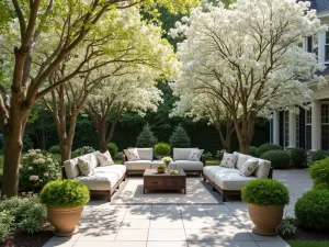 Dogwood Collection Patio - Elegant patio surrounded by flowering dogwood trees providing light shade, with transitional furniture and spring blooms, soft natural lighting